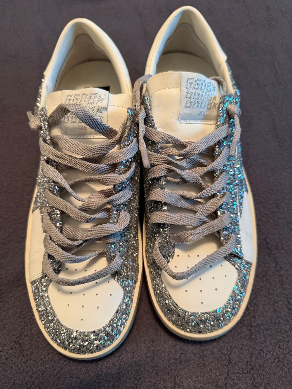 Golden Goose White Low-Top Sneakers with Silver Glitter
